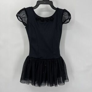 Capezio Dance Girls Black Leotard with Cap Lace Sleeves and Tutu Sequins Size 1